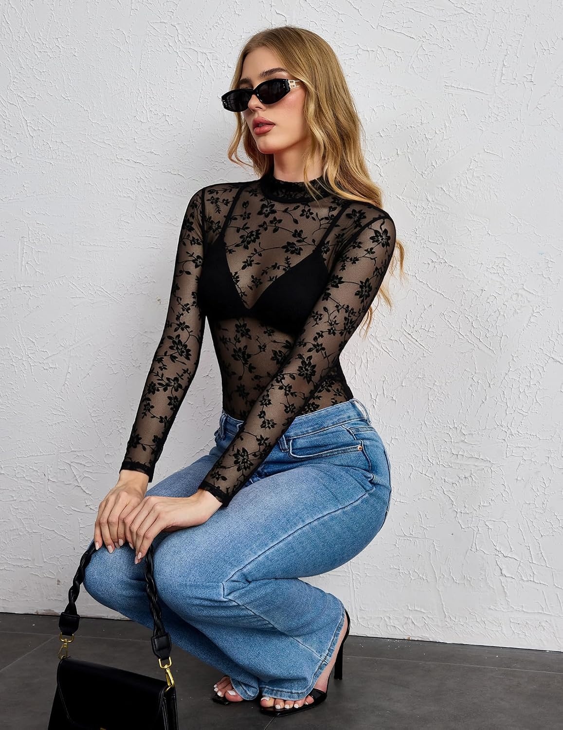 image:imageZeagoo Lace Tops for Women Mesh Sheer Long Sleeve Shirts Going Out Blouses1zw781