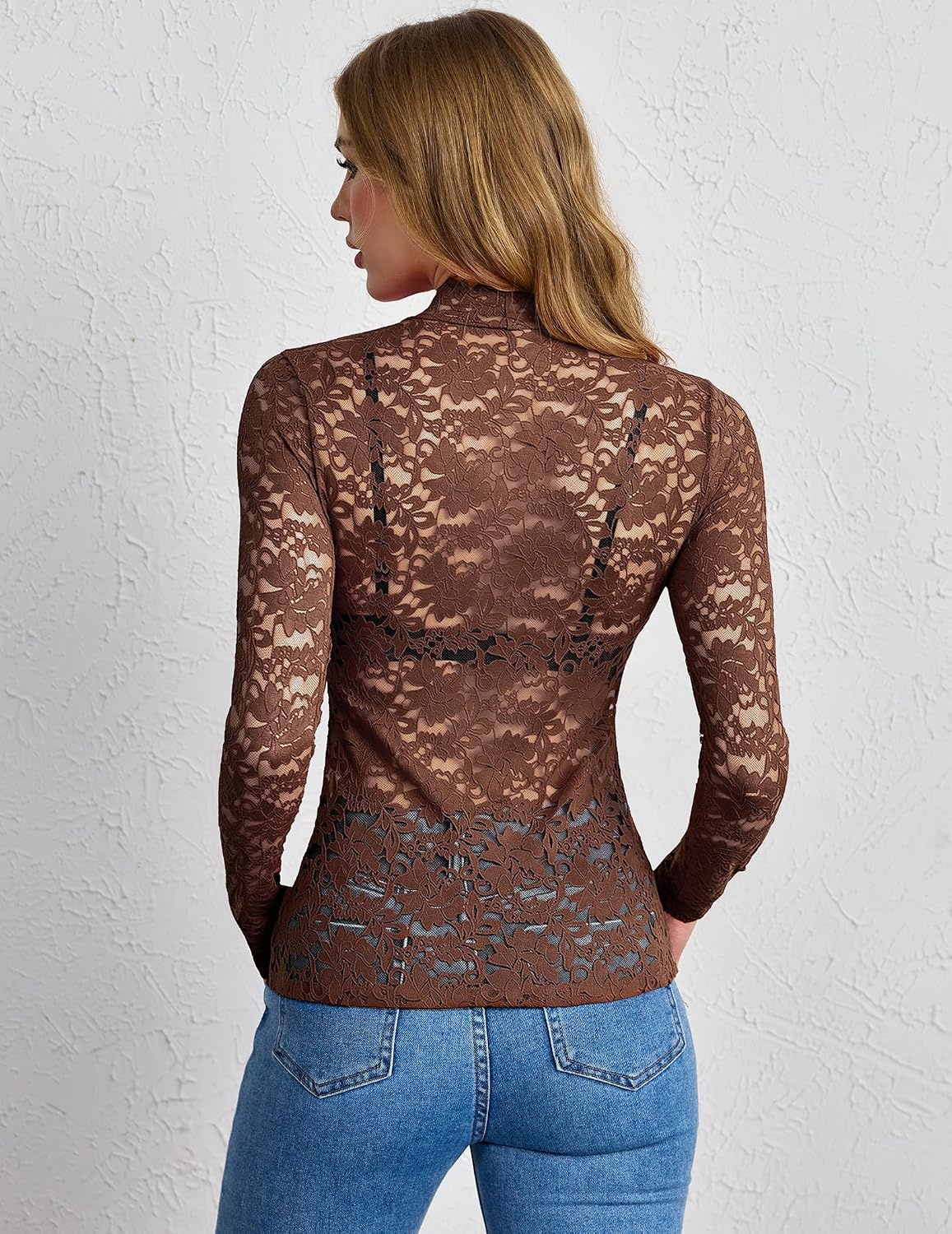 image:imageZeagoo Lace Tops for Women Mesh Sheer Long Sleeve Shirts Going Out BlousesBrown