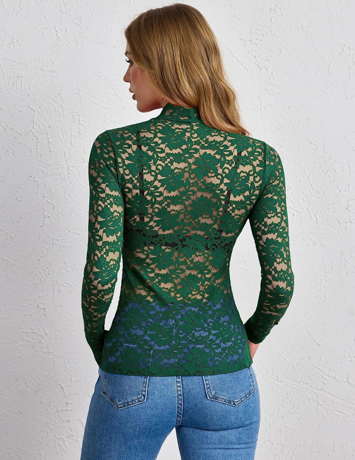 image:imageZeagoo Lace Tops for Women Mesh Sheer Long Sleeve Shirts Going Out BlousesDark Green