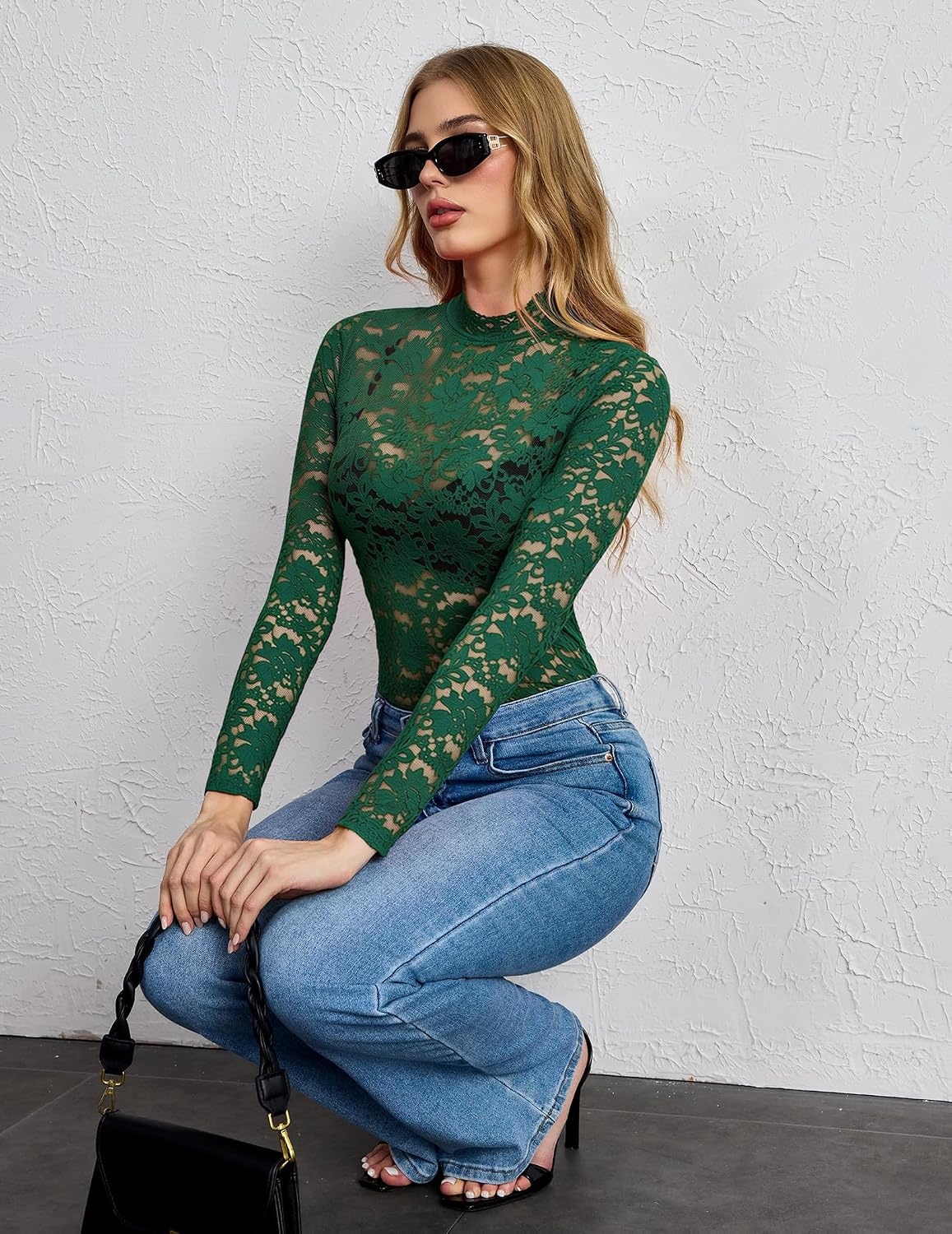 image:imageZeagoo Lace Tops for Women Mesh Sheer Long Sleeve Shirts Going Out BlousesDark Green