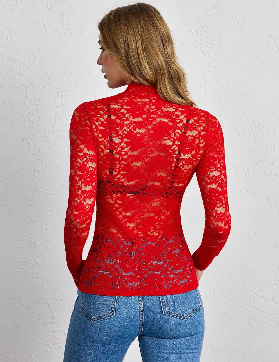 image:imageZeagoo Lace Tops for Women Mesh Sheer Long Sleeve Shirts Going Out BlousesRed