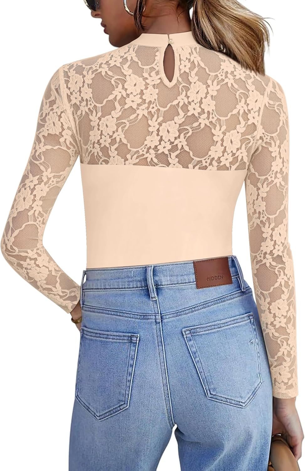 image:imageZeagoo Long Sleeve Shirts for Womens Lace Tops Mesh Sheer Sexy Fall BlouseChampagne
