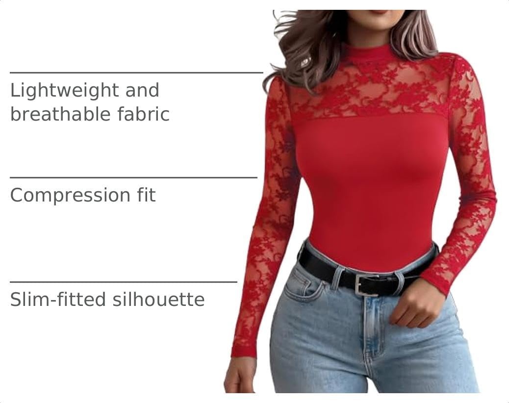 image:imageZeagoo Long Sleeve Shirts for Womens Lace Tops Mesh Sheer Sexy Fall BlouseRed