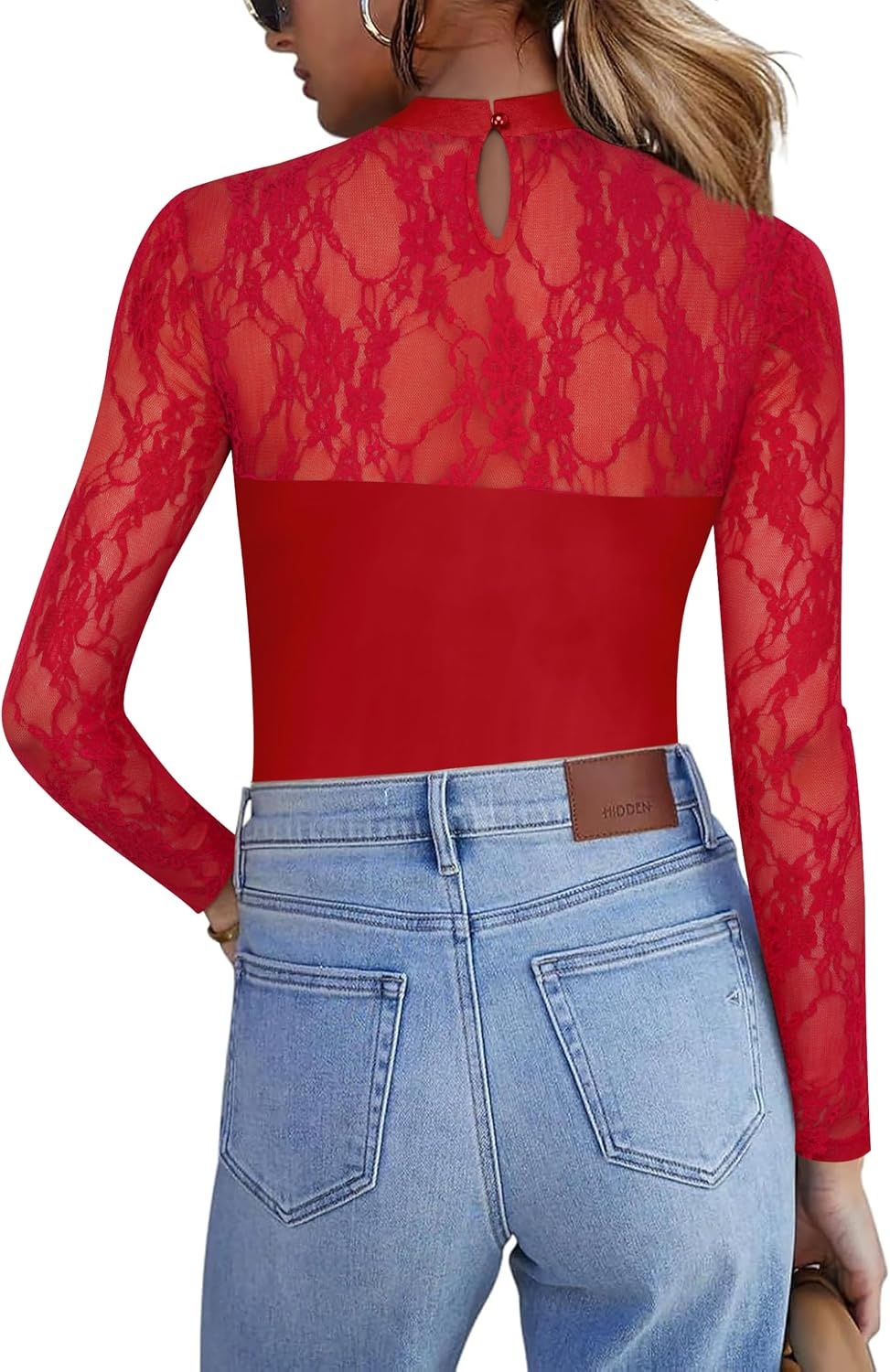 image:imageZeagoo Long Sleeve Shirts for Womens Lace Tops Mesh Sheer Sexy Fall BlouseRed
