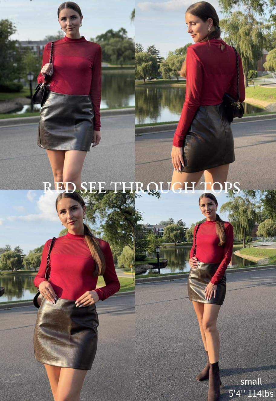 image:imageZeagoo Long Sleeve Shirts for Womens Lace Tops Mesh Sheer Sexy Fall BlouseRedpat2