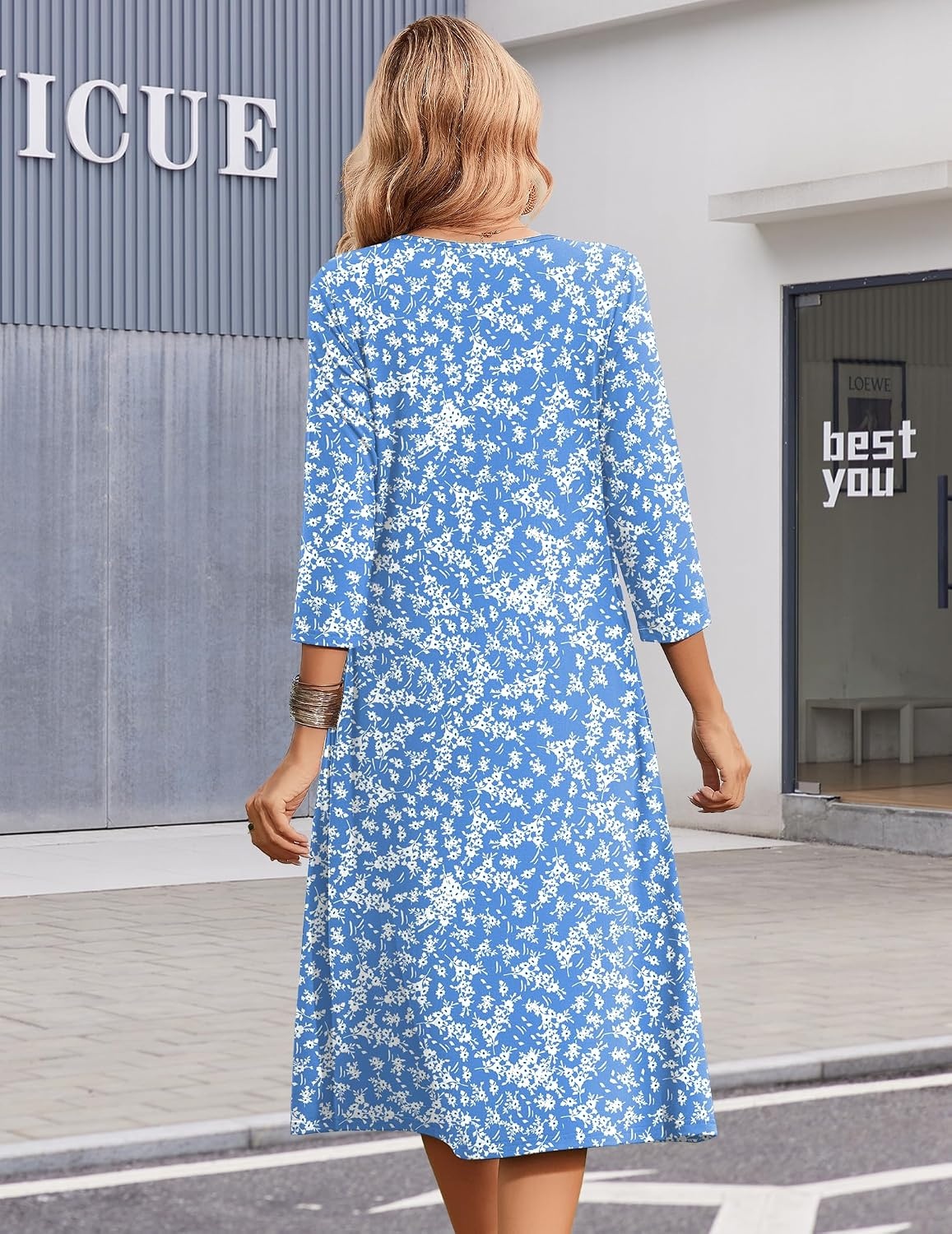 image:imageZeagoo Summer Dresses for Women 2026 34 Sleeve Casual Midi Tshirt DressesBlue Floral Xh41