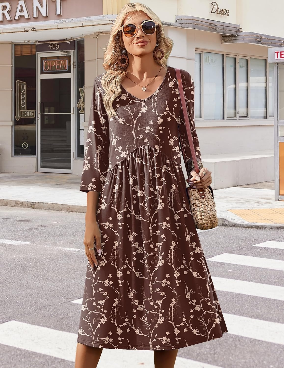image:imageZeagoo Summer Dresses for Women 2026 34 Sleeve Casual Midi Tshirt DressesCoffee Floral