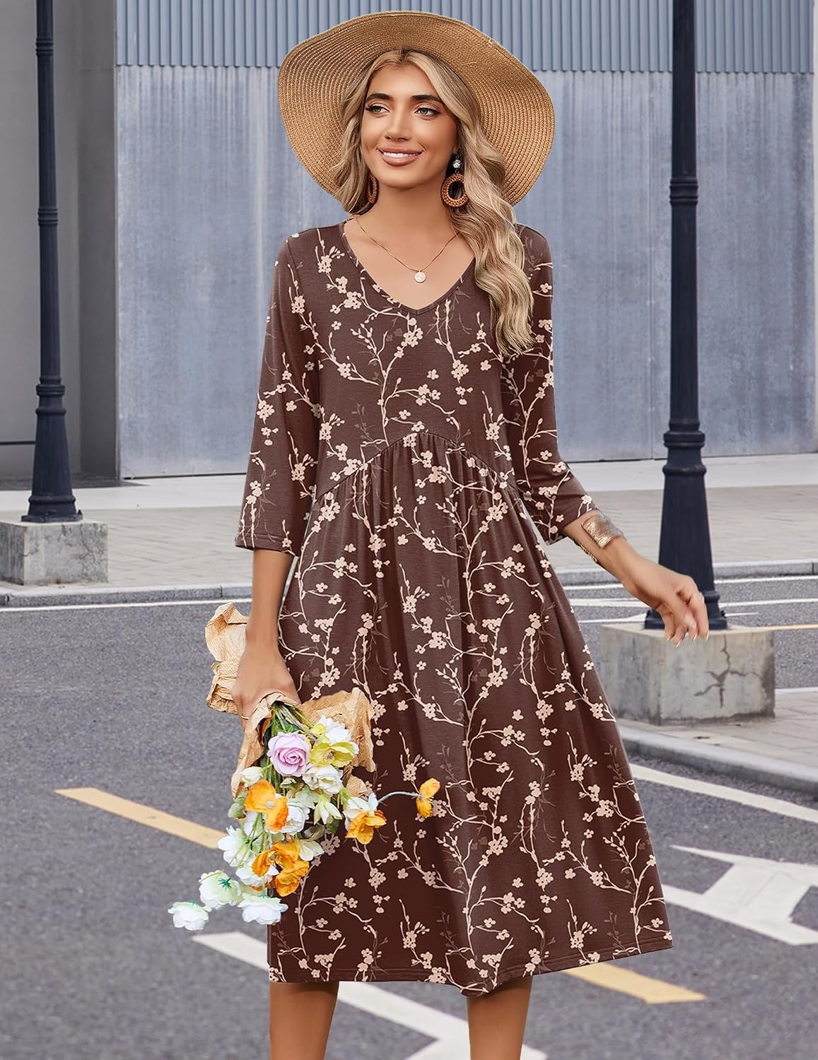 image:imageZeagoo Summer Dresses for Women 2026 34 Sleeve Casual Midi Tshirt DressesCoffee Floral