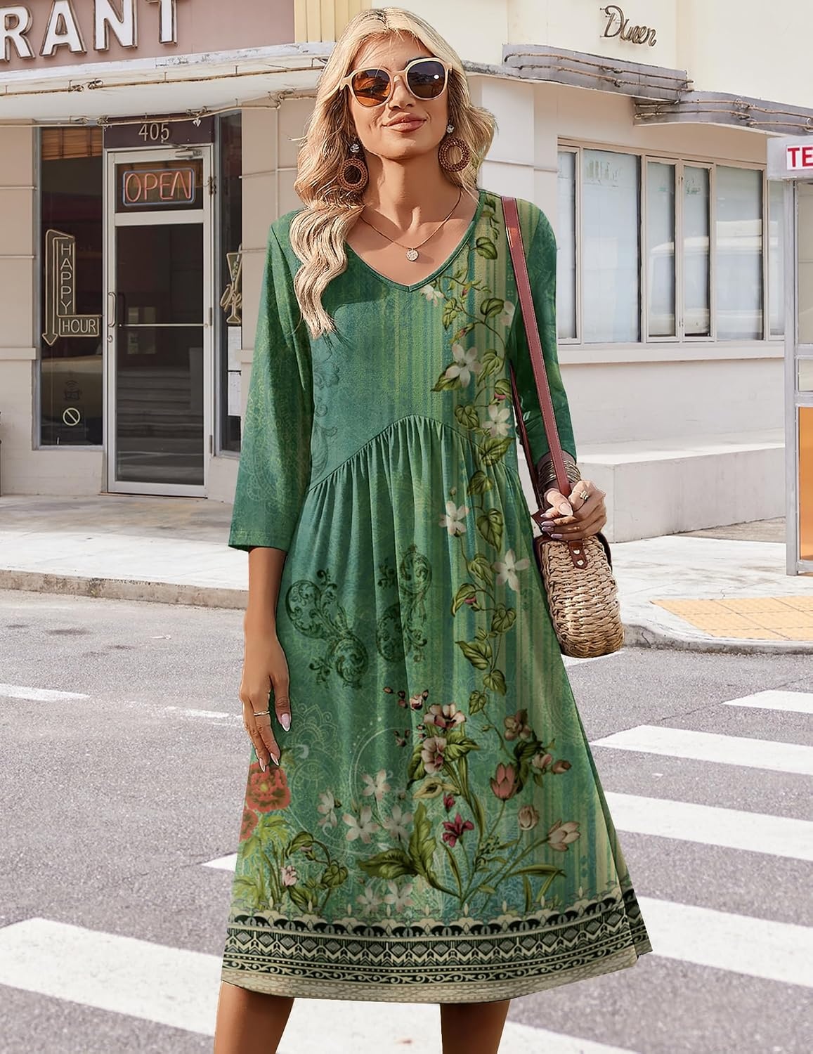 image:imageZeagoo Summer Dresses for Women 2026 34 Sleeve Casual Midi Tshirt DressesGreen Floral