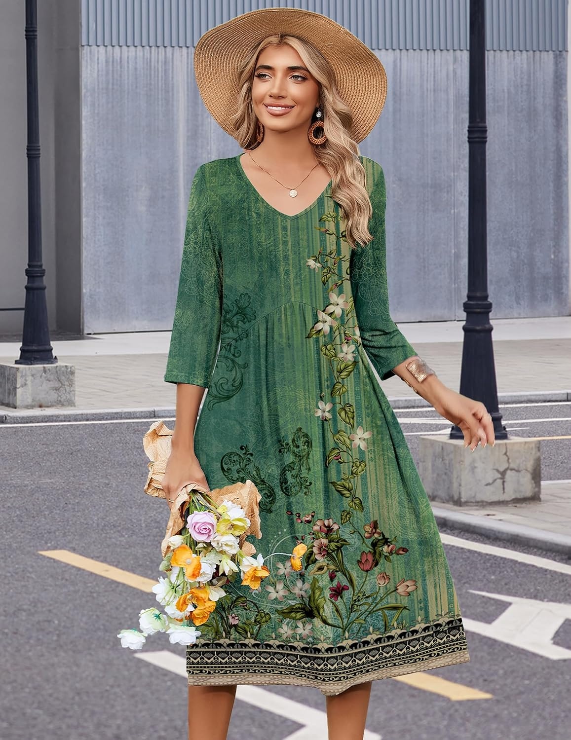 image:imageZeagoo Summer Dresses for Women 2026 34 Sleeve Casual Midi Tshirt DressesGreen Floral