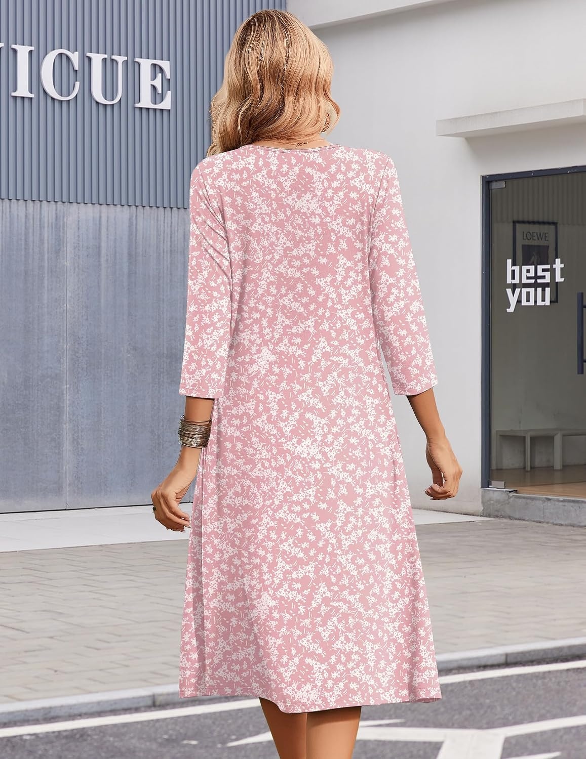 image:imageZeagoo Summer Dresses for Women 2026 34 Sleeve Casual Midi Tshirt DressesPink Floral