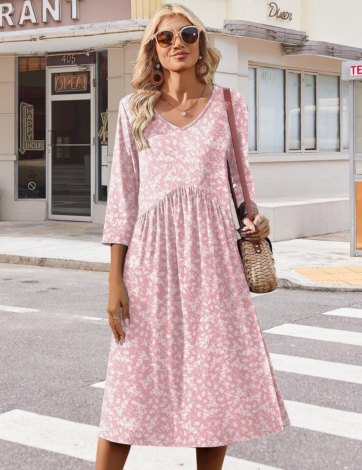 image:imageZeagoo Summer Dresses for Women 2026 34 Sleeve Casual Midi Tshirt DressesPink Floral