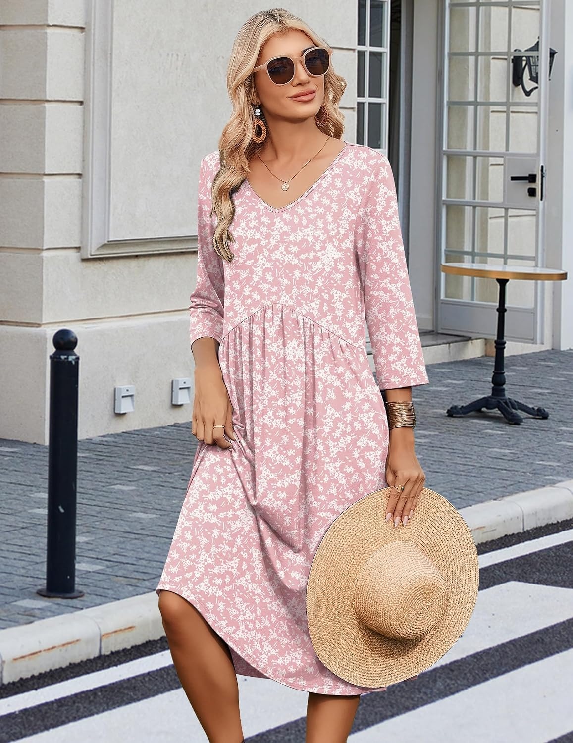 image:imageZeagoo Summer Dresses for Women 2026 34 Sleeve Casual Midi Tshirt DressesPink Floral