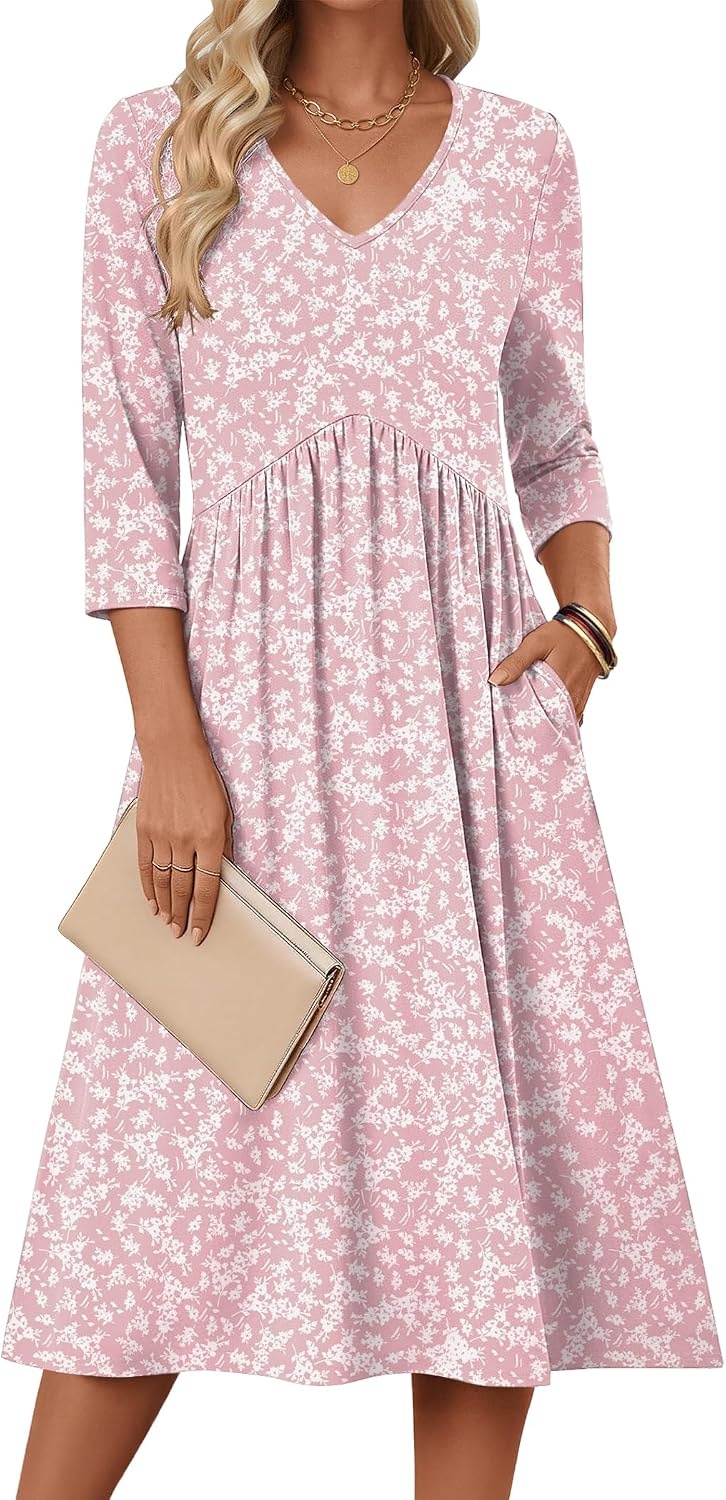 image:imageZeagoo Summer Dresses for Women 2026 34 Sleeve Casual Midi Tshirt DressesPink Floral