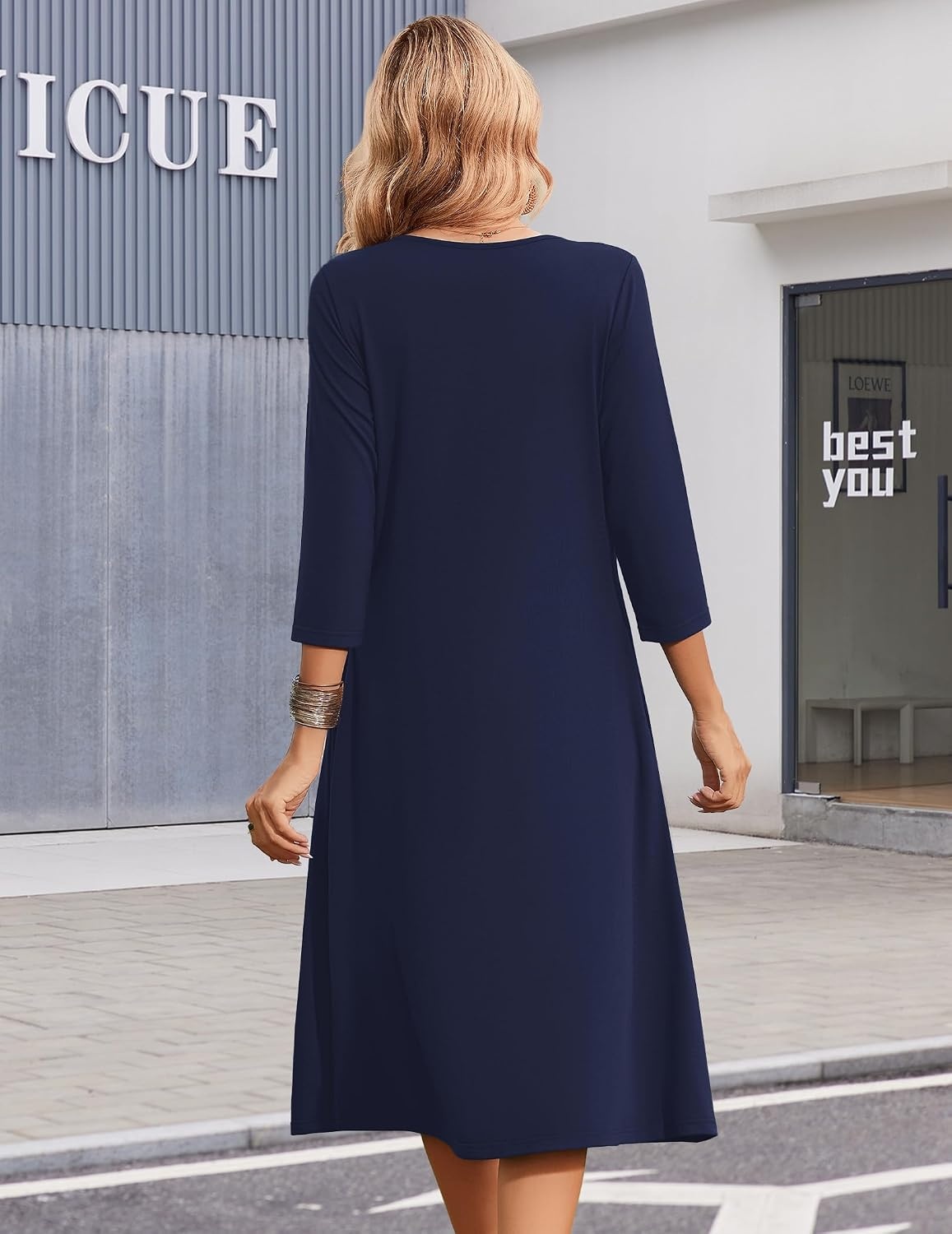 image:imageZeagoo Summer Dresses for Women 2026 34 Sleeve Casual Midi Tshirt DressesSolid Navy
