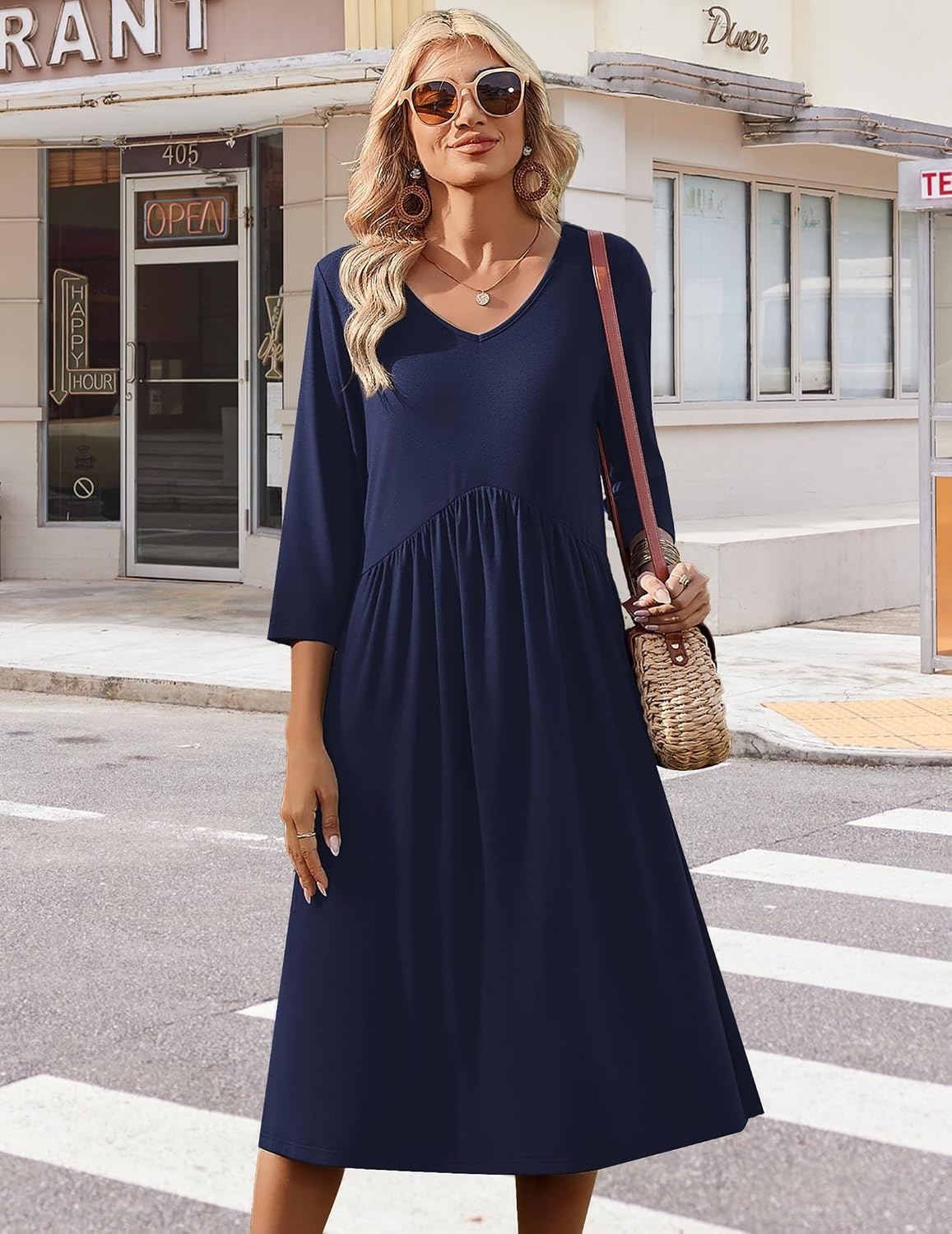 image:imageZeagoo Summer Dresses for Women 2026 34 Sleeve Casual Midi Tshirt DressesSolid Navy
