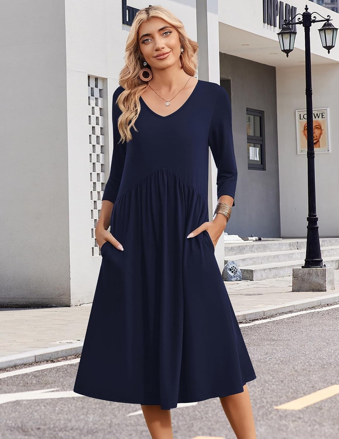image:imageZeagoo Summer Dresses for Women 2026 34 Sleeve Casual Midi Tshirt DressesSolid Navy