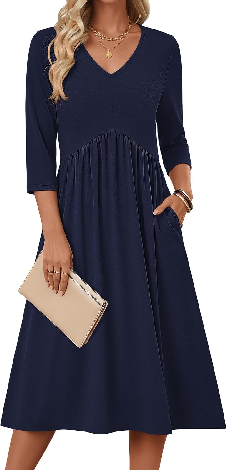 image:imageZeagoo Summer Dresses for Women 2026 34 Sleeve Casual Midi Tshirt DressesSolid Navy