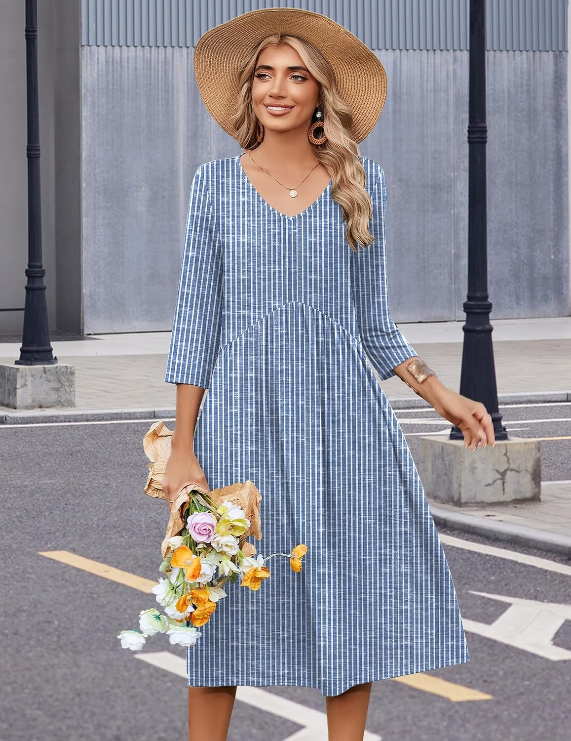 image:imageZeagoo Summer Dresses for Women 2026 34 Sleeve Casual Midi Tshirt DressesStripe Tz273