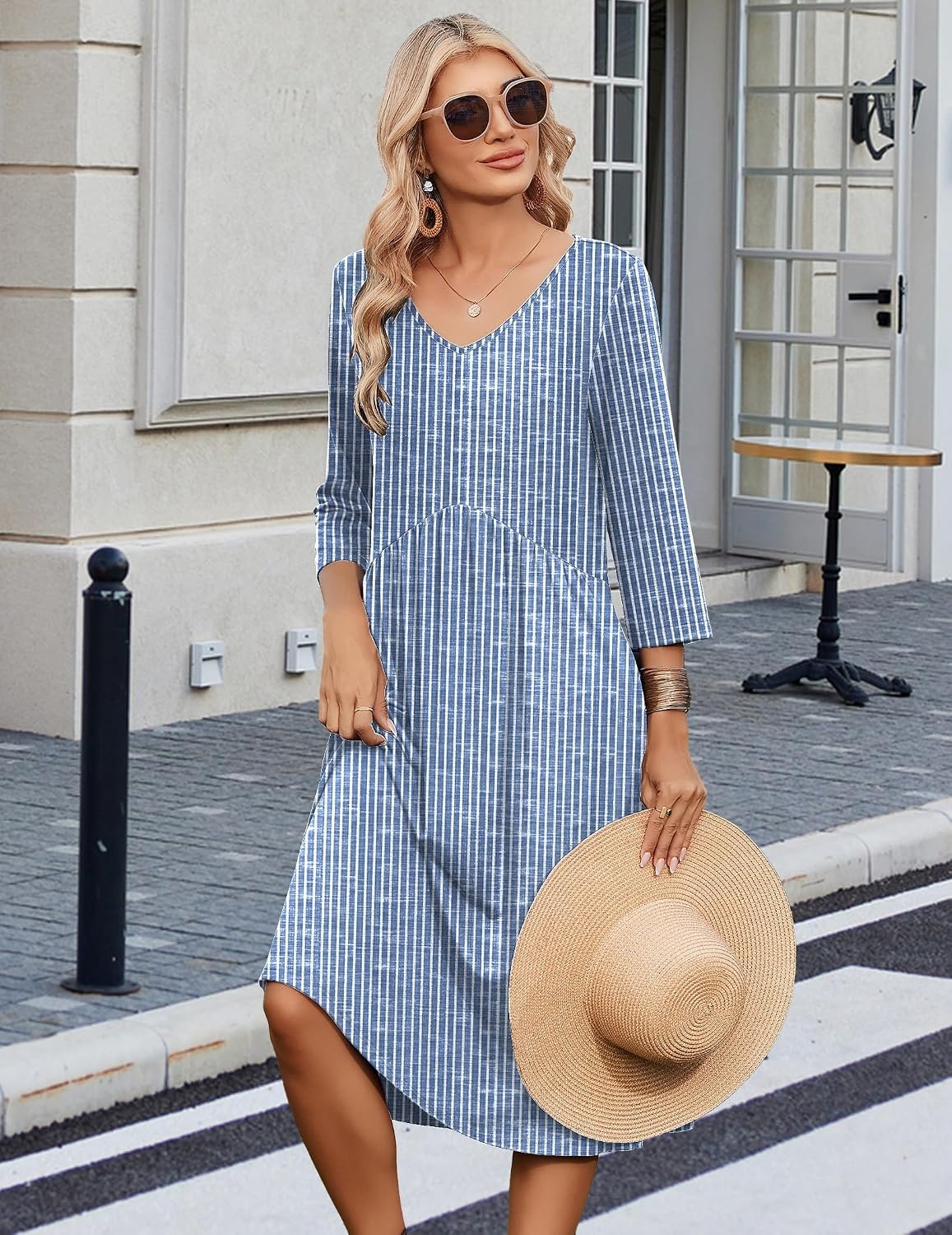 image:imageZeagoo Summer Dresses for Women 2026 34 Sleeve Casual Midi Tshirt DressesStripe Tz273