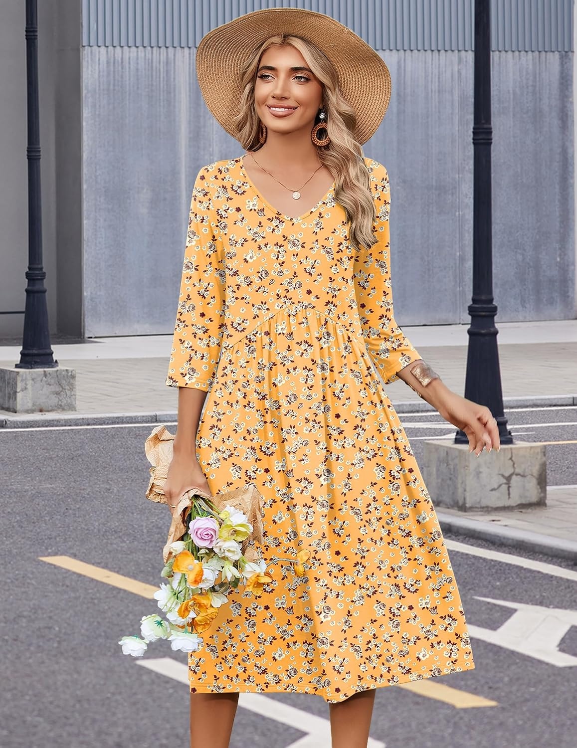 image:imageZeagoo Summer Dresses for Women 2026 34 Sleeve Casual Midi Tshirt DressesYellow Floral