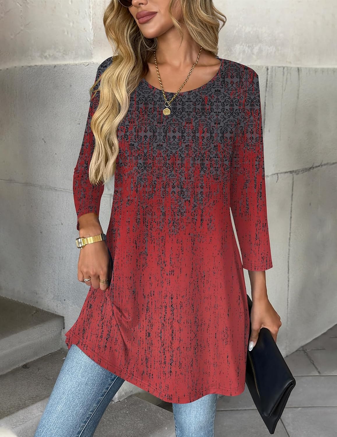 image:imageZeagoo Women Tops 34 Sleeve Dressy Casual Plus Size Tunics Loose BlousesBlack Redmz838
