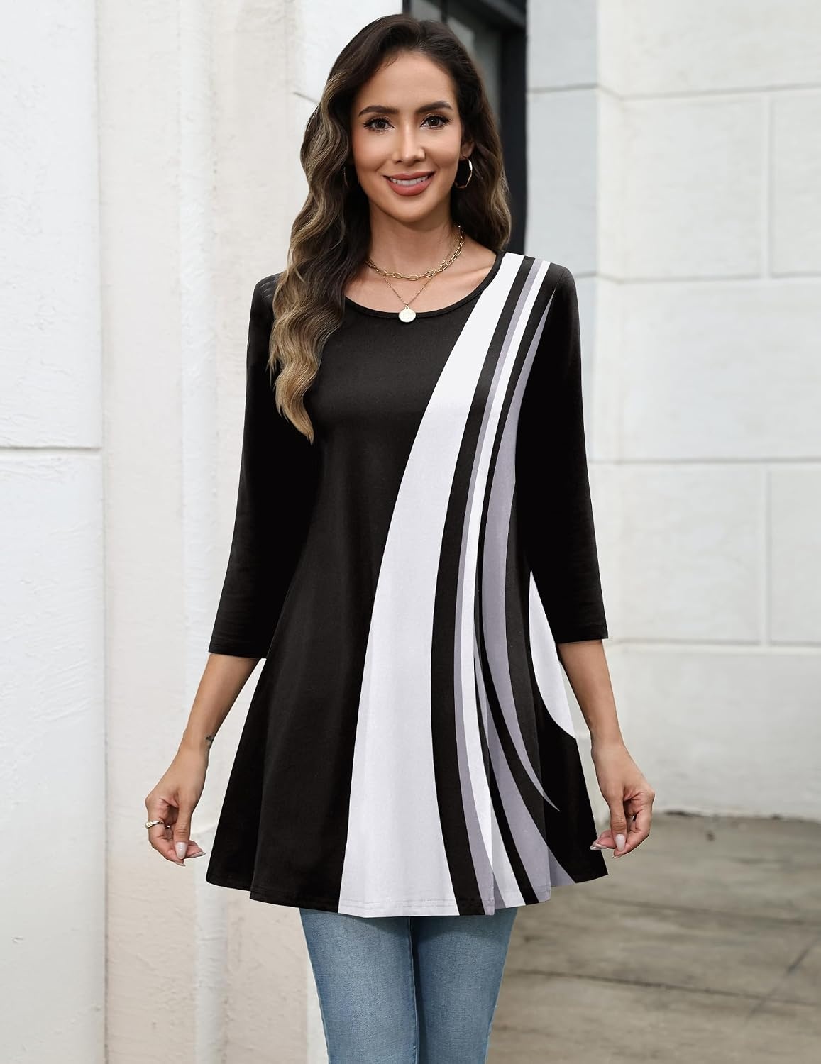 image:imageZeagoo Women Tops 34 Sleeve Dressy Casual Plus Size Tunics Loose BlousesBlack Whitejh540