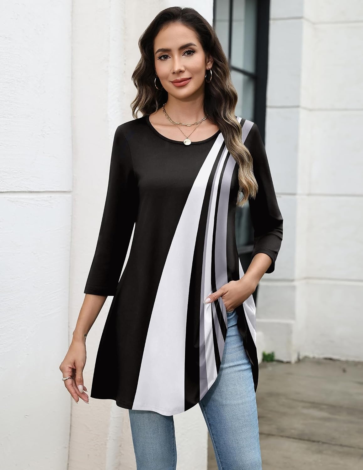image:imageZeagoo Women Tops 34 Sleeve Dressy Casual Plus Size Tunics Loose BlousesBlack Whitejh540