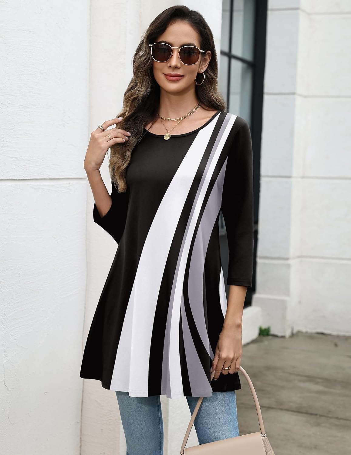 image:imageZeagoo Women Tops 34 Sleeve Dressy Casual Plus Size Tunics Loose BlousesBlack Whitejh540