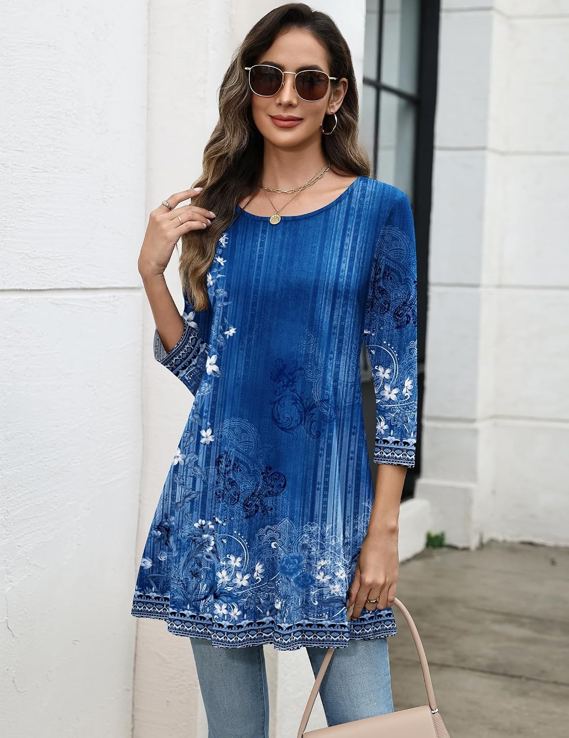 image:imageZeagoo Women Tops 34 Sleeve Dressy Casual Plus Size Tunics Loose BlousesBlue Flowermz845