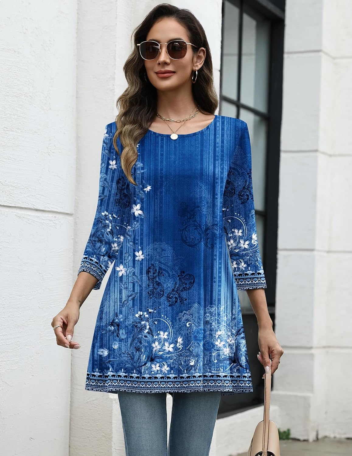 image:imageZeagoo Women Tops 34 Sleeve Dressy Casual Plus Size Tunics Loose BlousesBlue Flowermz845