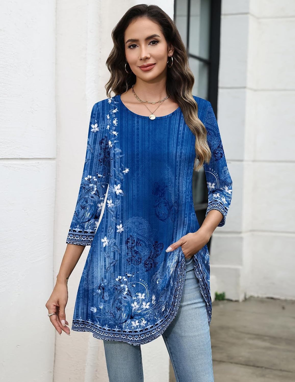 image:imageZeagoo Women Tops 34 Sleeve Dressy Casual Plus Size Tunics Loose BlousesBlue Flowermz845