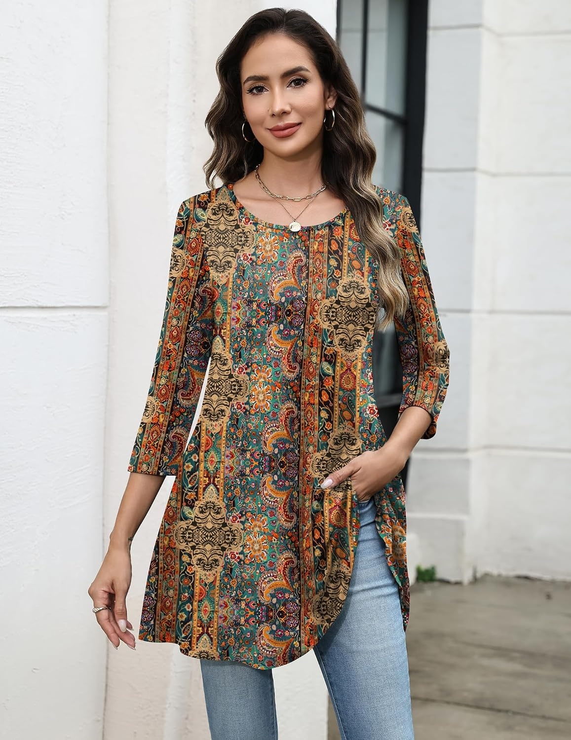 image:imageZeagoo Women Tops 34 Sleeve Dressy Casual Plus Size Tunics Loose BlousesBohemiamz721