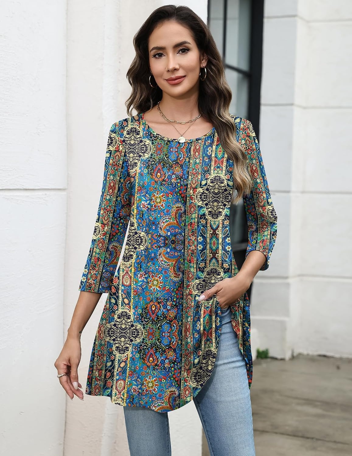 image:imageZeagoo Women Tops 34 Sleeve Dressy Casual Plus Size Tunics Loose BlousesBohemiamz779