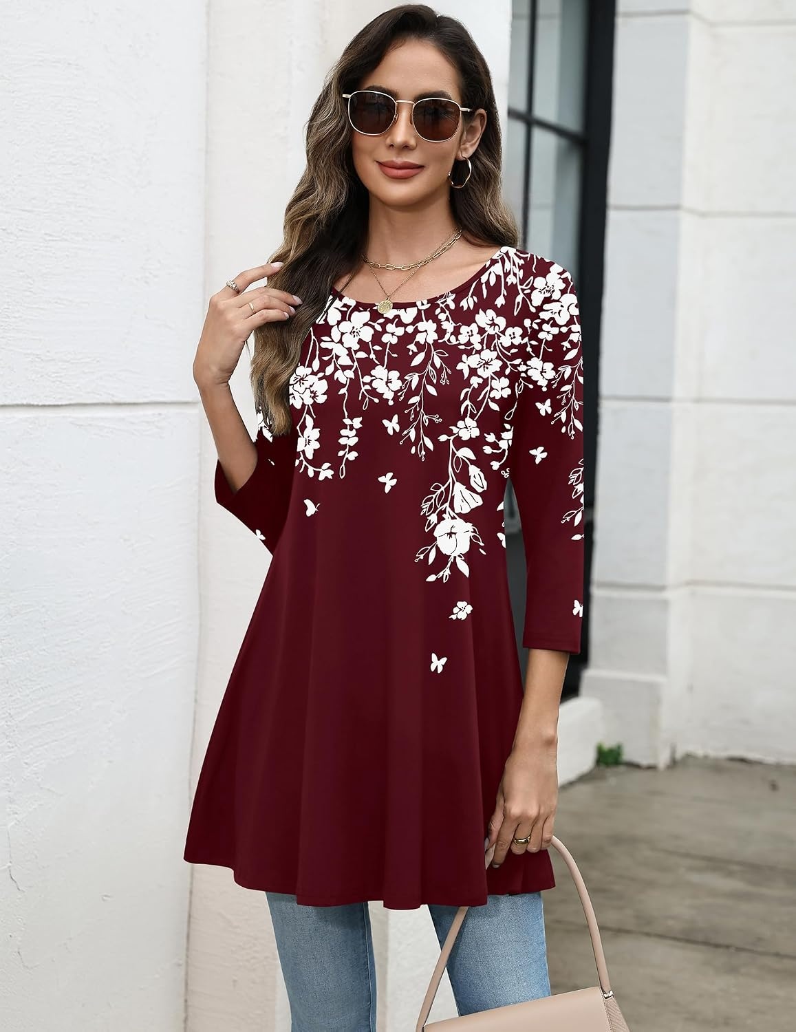 image:imageZeagoo Women Tops 34 Sleeve Dressy Casual Plus Size Tunics Loose BlousesBurgundy Flowersf186