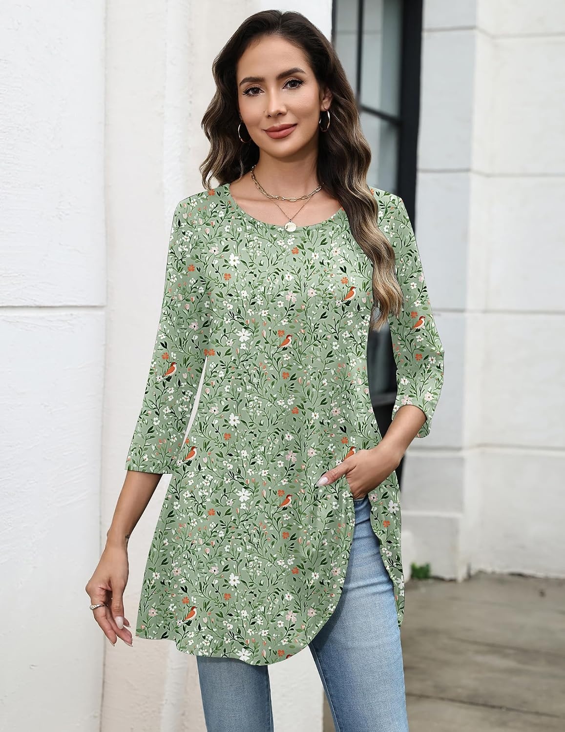 image:imageZeagoo Women Tops 34 Sleeve Dressy Casual Plus Size Tunics Loose BlousesGreen Flowersxh534