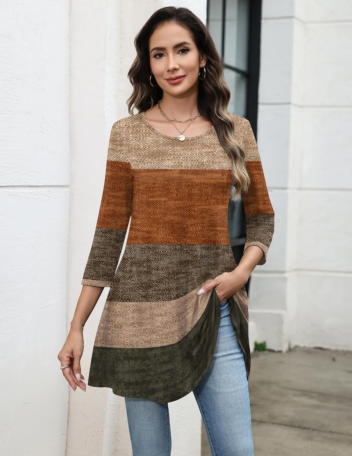 image:imageZeagoo Women Tops 34 Sleeve Dressy Casual Plus Size Tunics Loose BlousesKhakijh398