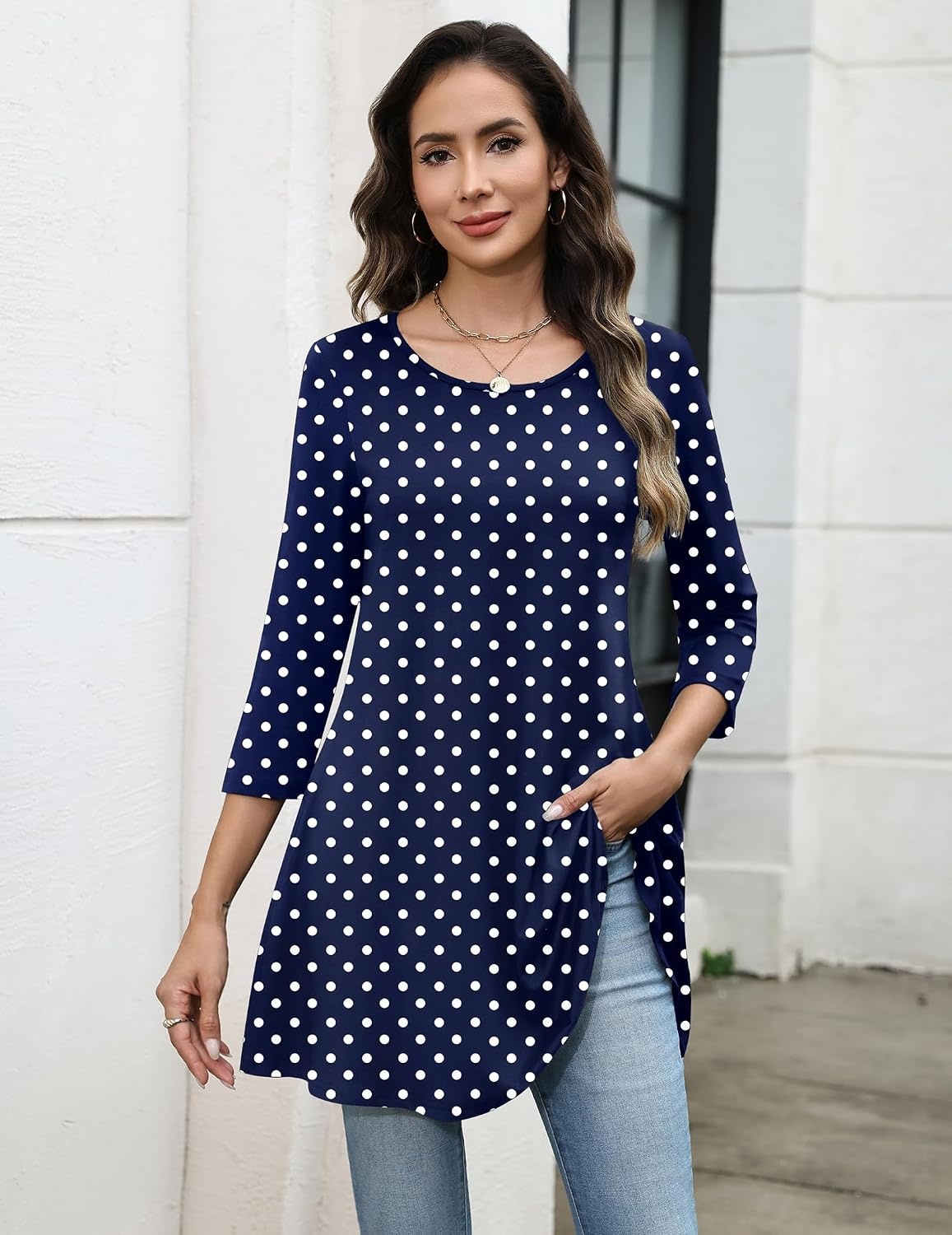 image:imageZeagoo Women Tops 34 Sleeve Dressy Casual Plus Size Tunics Loose BlousesNavy Polka Dotsjh379