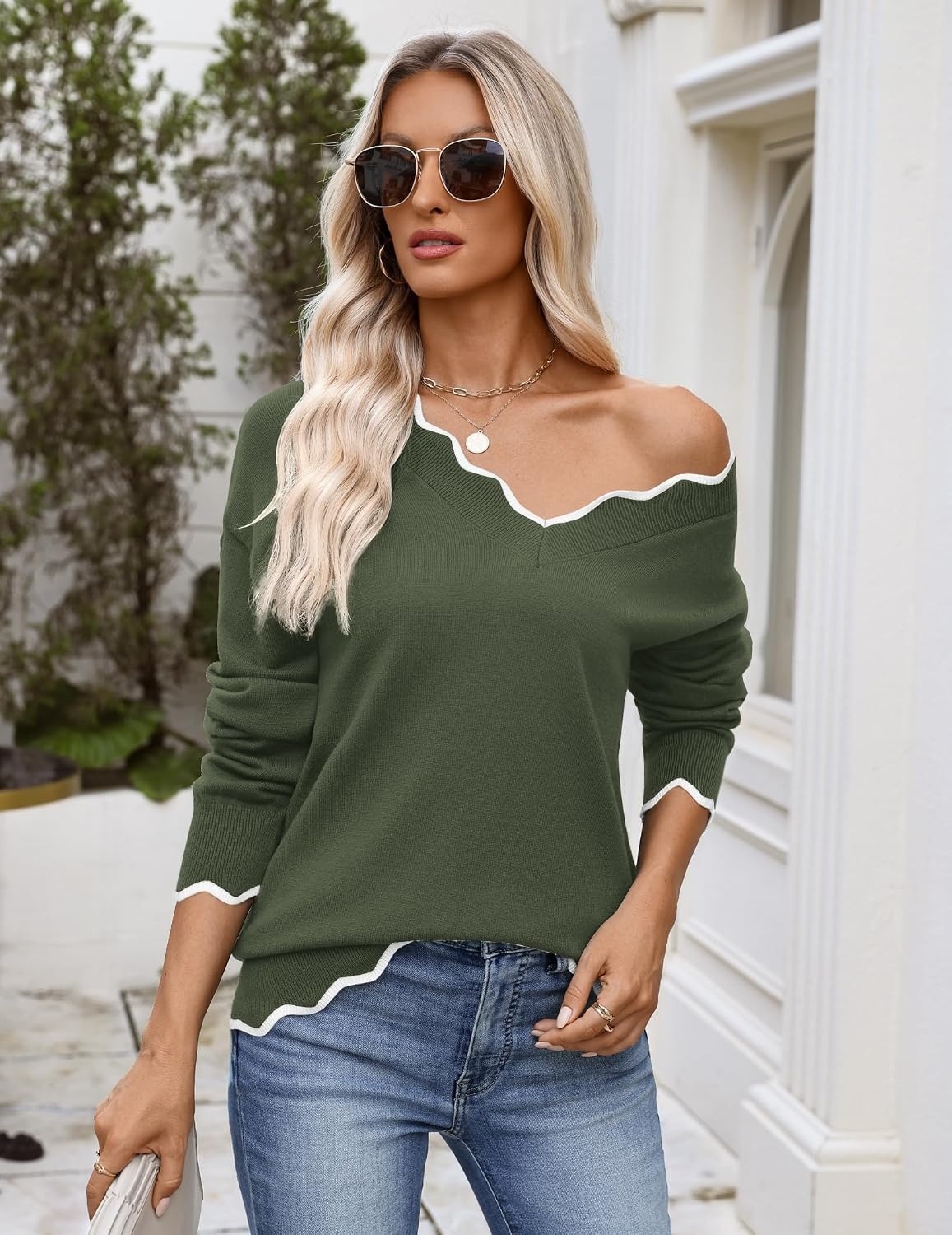 image:imageZeagoo Womens 2026 Fall V Neck Sweater Long Sleeve Lightweight Knit TopsArmy Green