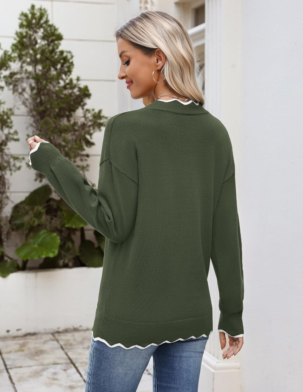 image:imageZeagoo Womens 2026 Fall V Neck Sweater Long Sleeve Lightweight Knit TopsArmy Green