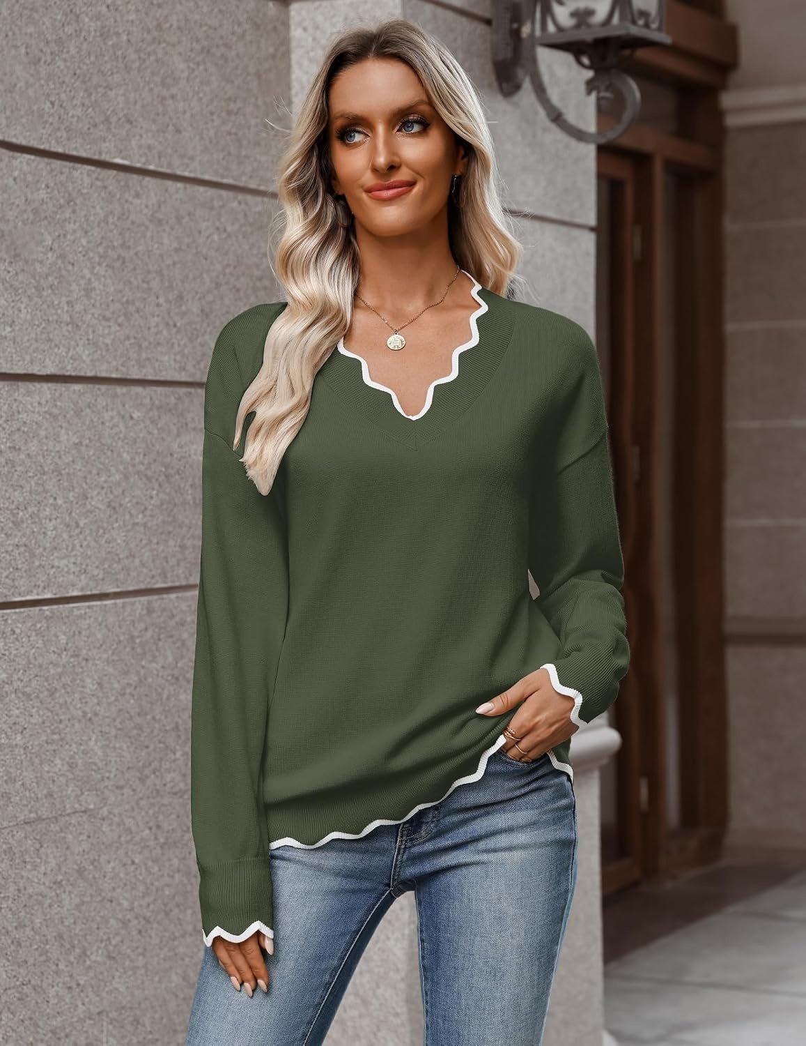image:imageZeagoo Womens 2026 Fall V Neck Sweater Long Sleeve Lightweight Knit TopsArmy Green