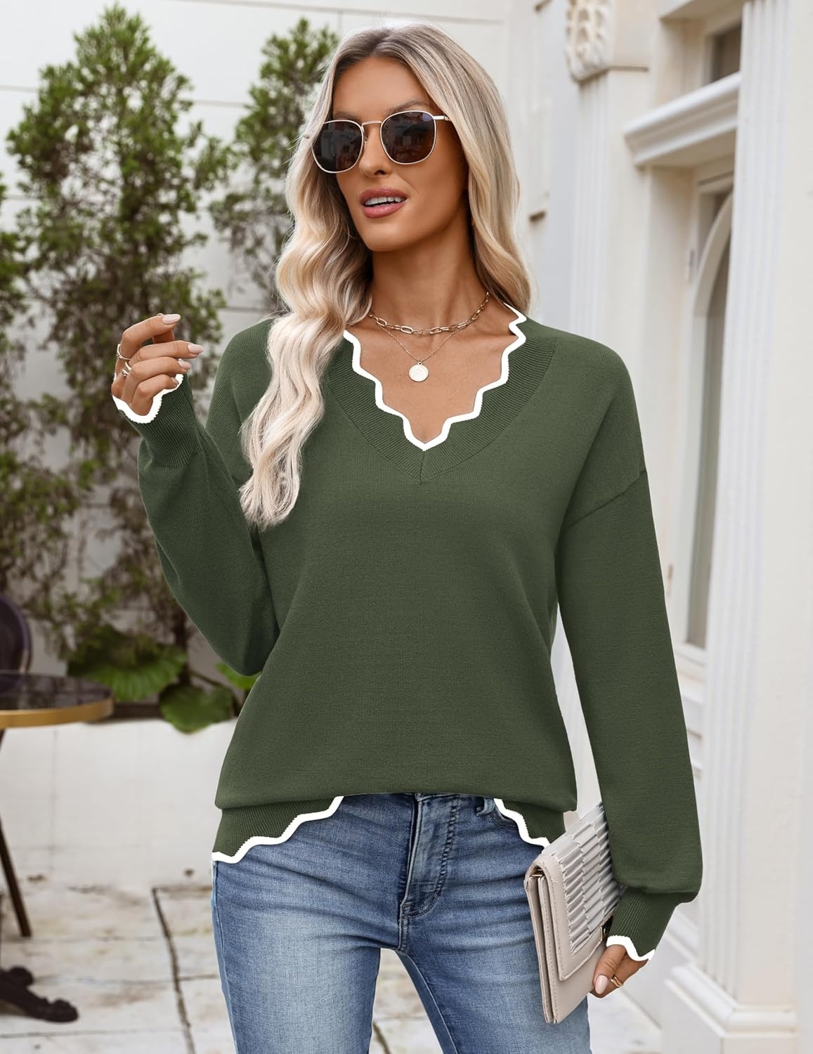 image:imageZeagoo Womens 2026 Fall V Neck Sweater Long Sleeve Lightweight Knit TopsArmy Green