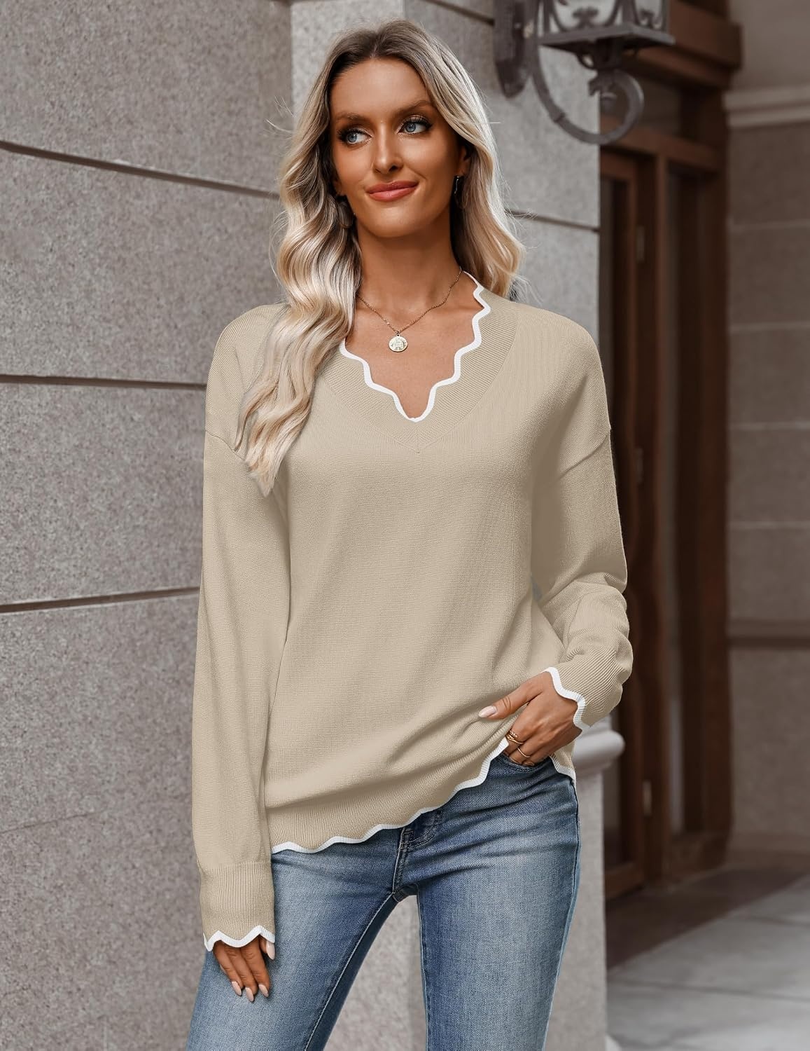 image:imageZeagoo Womens 2026 Fall V Neck Sweater Long Sleeve Lightweight Knit TopsBeige