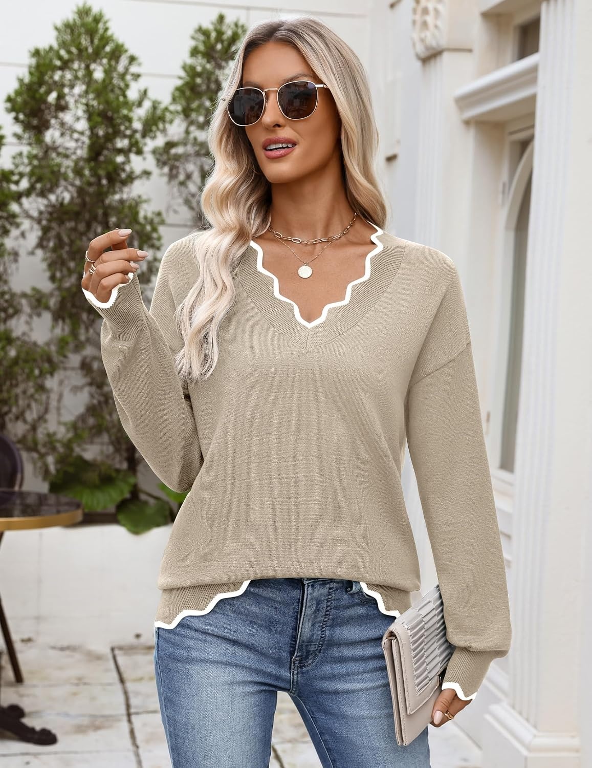 image:imageZeagoo Womens 2026 Fall V Neck Sweater Long Sleeve Lightweight Knit TopsBeige