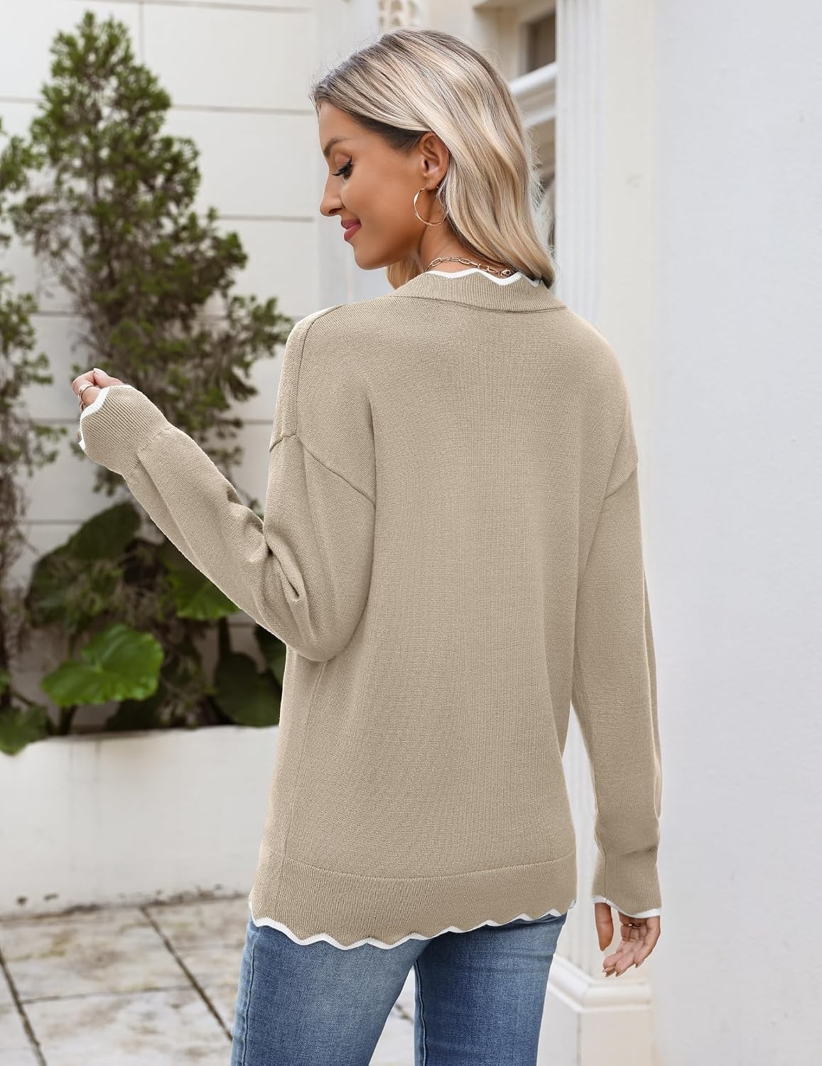 image:imageZeagoo Womens 2026 Fall V Neck Sweater Long Sleeve Lightweight Knit TopsBeige