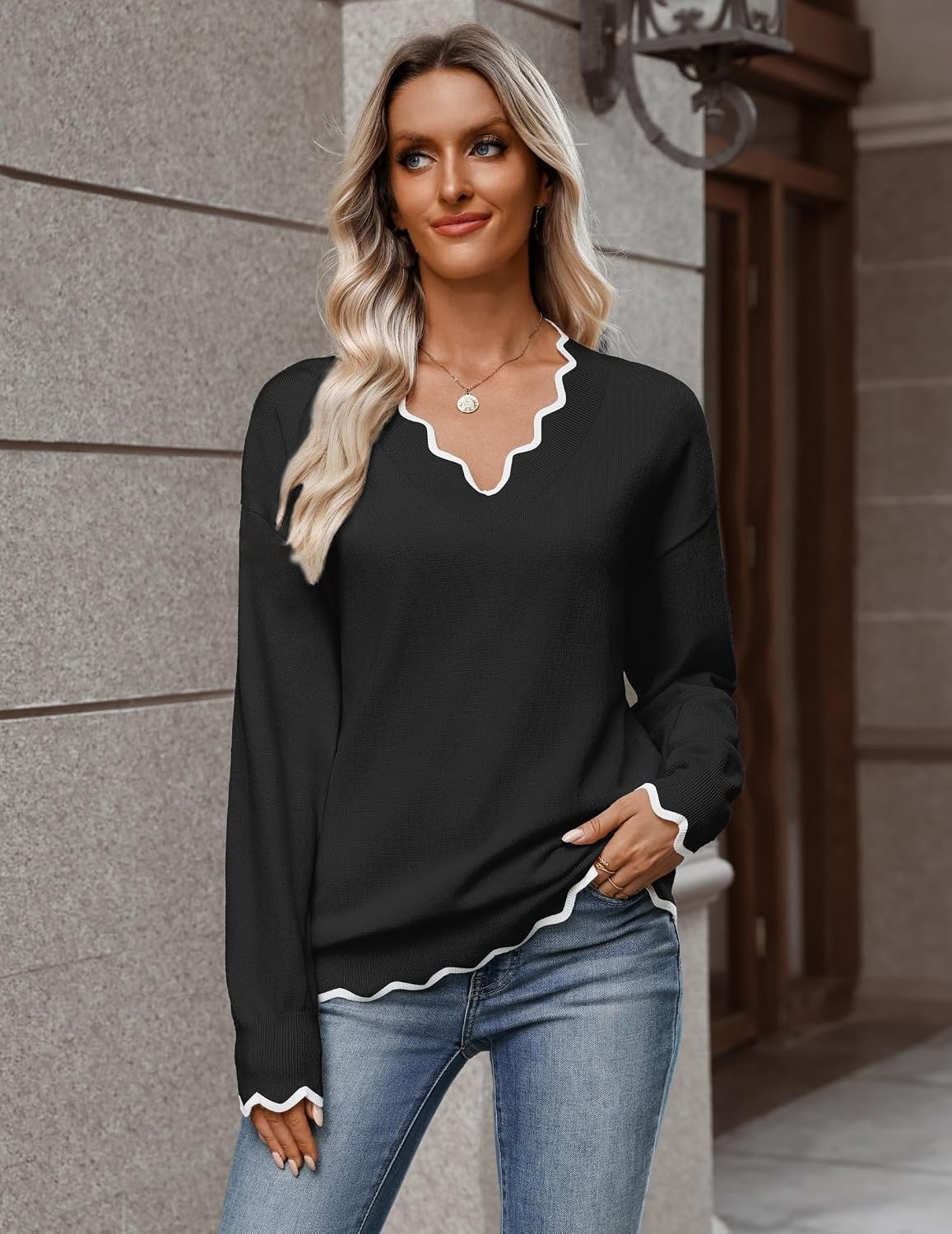 image:imageZeagoo Womens 2026 Fall V Neck Sweater Long Sleeve Lightweight Knit TopsBlack