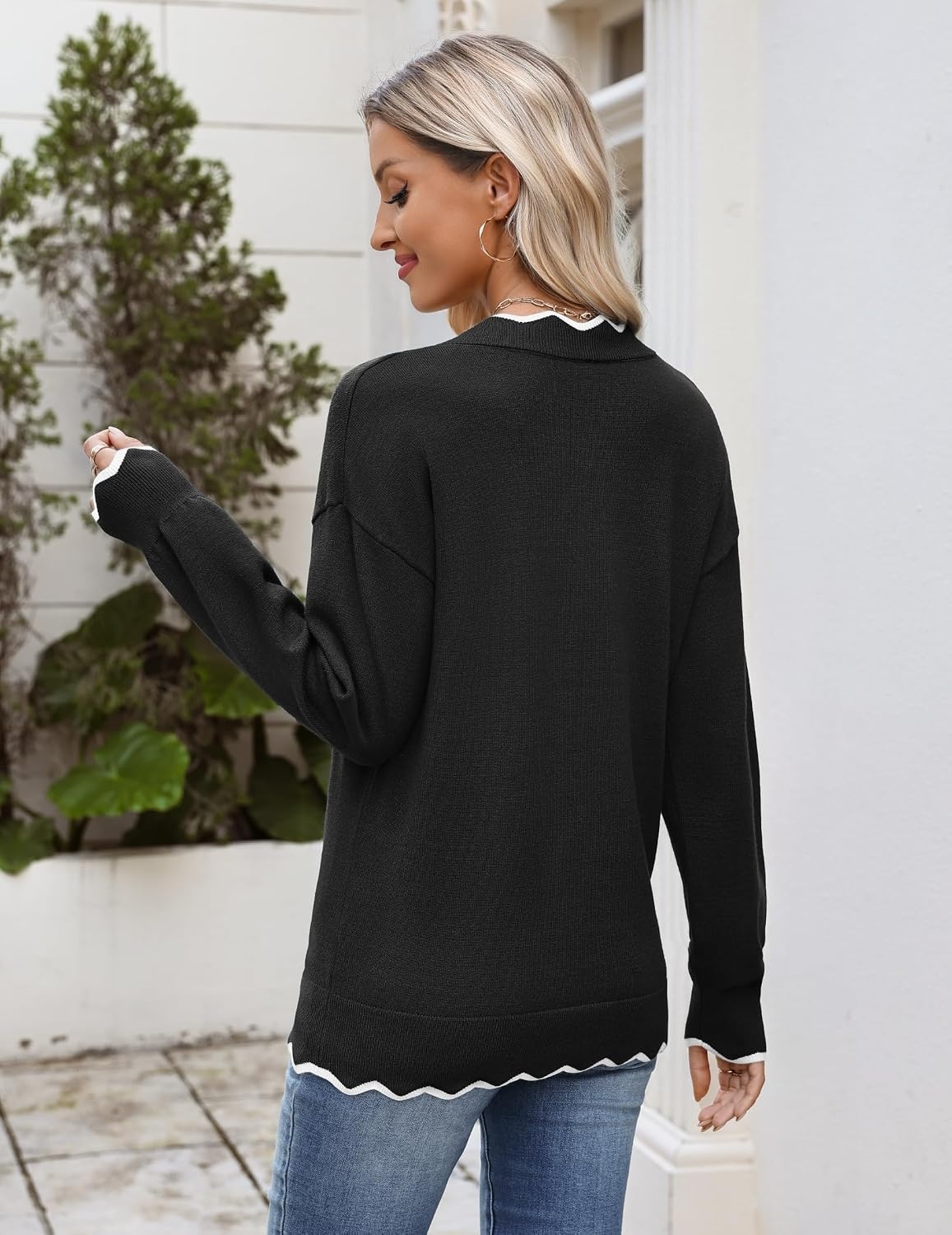 image:imageZeagoo Womens 2026 Fall V Neck Sweater Long Sleeve Lightweight Knit TopsBlack