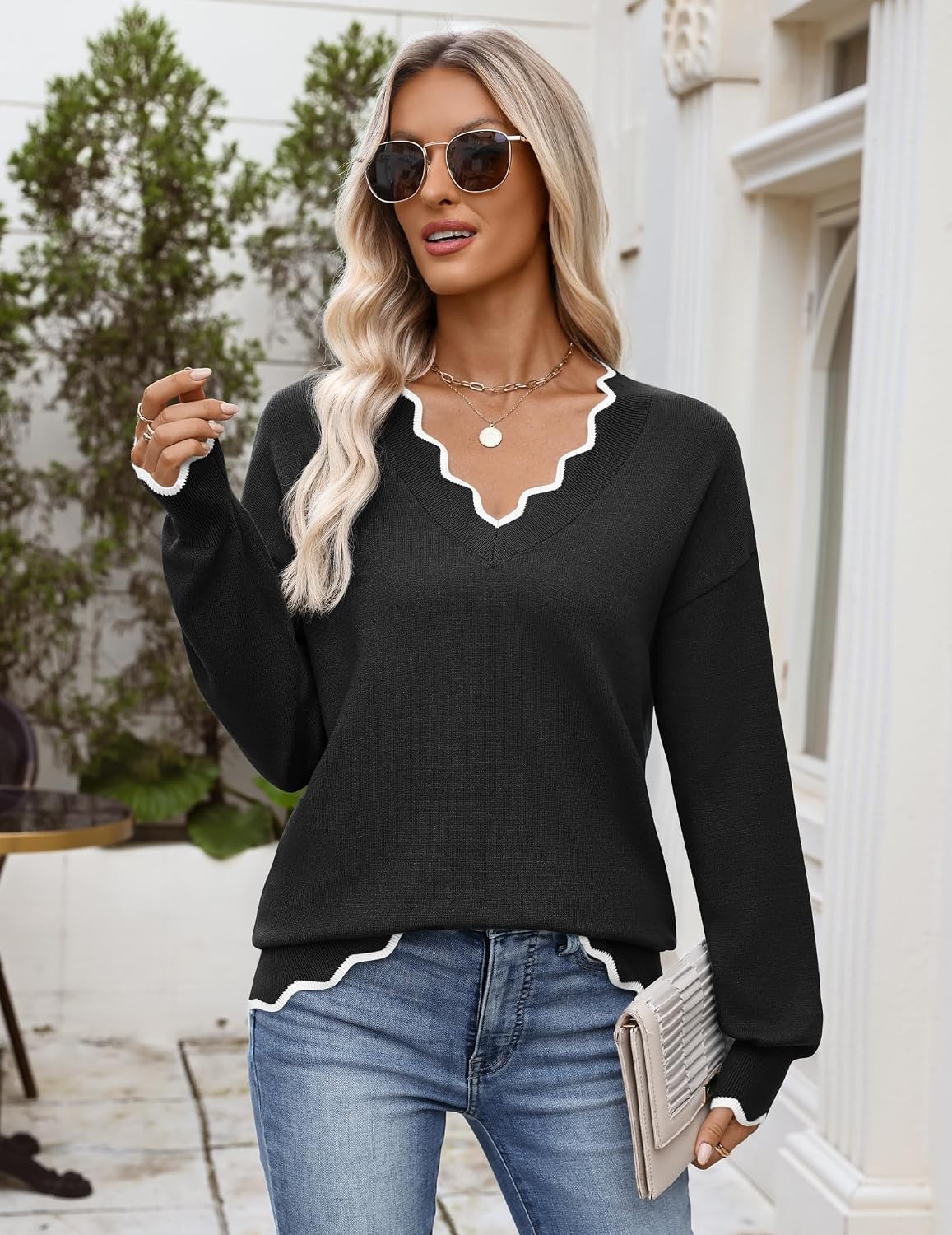 image:imageZeagoo Womens 2026 Fall V Neck Sweater Long Sleeve Lightweight Knit TopsBlack