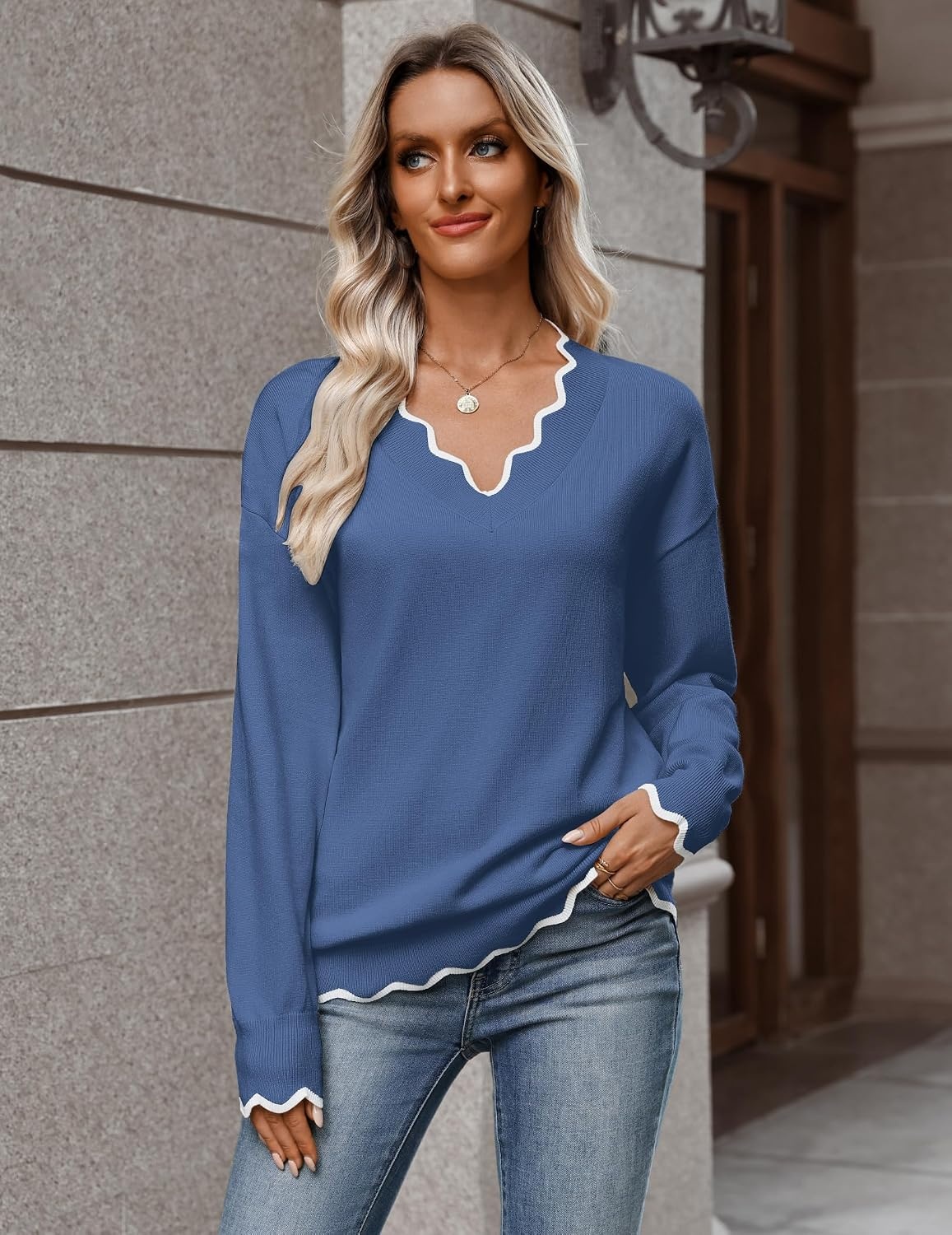 image:imageZeagoo Womens 2026 Fall V Neck Sweater Long Sleeve Lightweight Knit TopsBlue