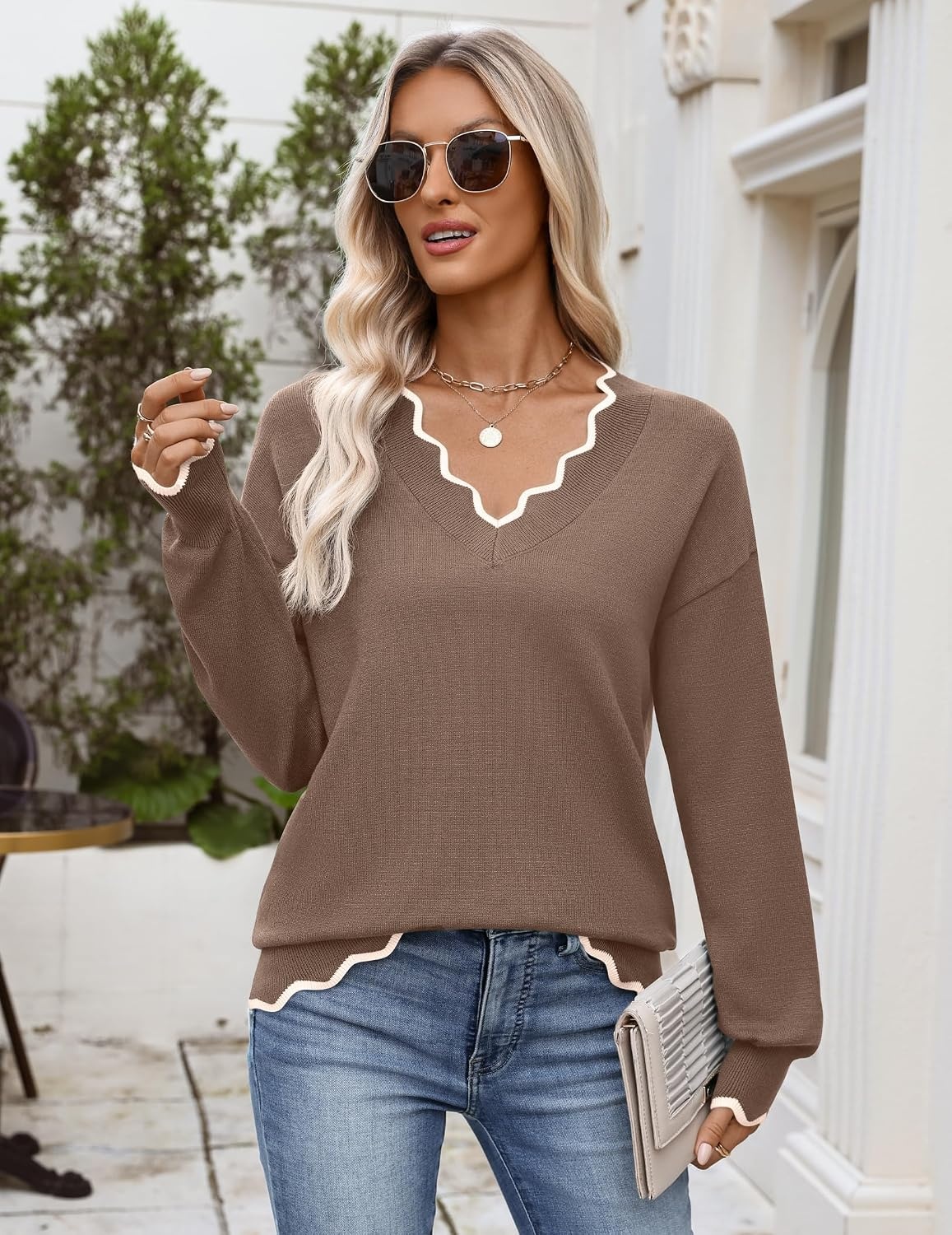 image:imageZeagoo Womens 2026 Fall V Neck Sweater Long Sleeve Lightweight Knit TopsBrown